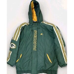 Vintage Green Bay Packers Puffer Jacket Men's XL Hooded NFL Small Tear Sleeve‎